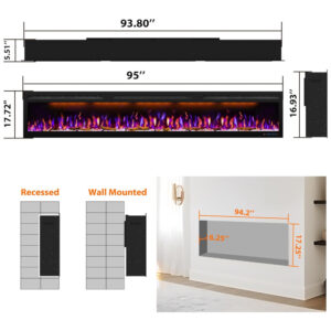 ectql2zgy1780b_7 jpg - Lareira Elétrica de Embutir A45x241L com Controle Remoto e Digital, Luz LED, Chama Ajustável, 1500W, 110v, MYSTFLAME, Preto
