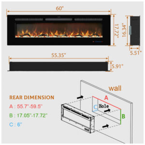 Lareira Elétrica de Embutir A43x152L com Controle Remoto e Chamas Multicolorida, 110V, Kentsky, Preta