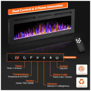 Lareira Elétrica de Embutir A43x127L com Controle Remoto e Digital, Luz LED, Chama Ajustável e Temporizador, 1500W, 110v, BETELNUT, Preto