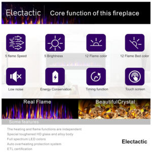 Lareira Elétrica de Embutir A45x152L com Controle Remoto e Digital, Luz LED, Chamas Multicolorida e Temporizador, 1500W, 110v, ELECTACTIC 860C3, Preto