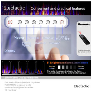 Lareira Elétrica de Embutir A45x152L com Controle Remoto e Digital, Luz LED, Chamas Multicolorida e Temporizador, 1500W, 110v, ELECTACTIC 860C3, Preto