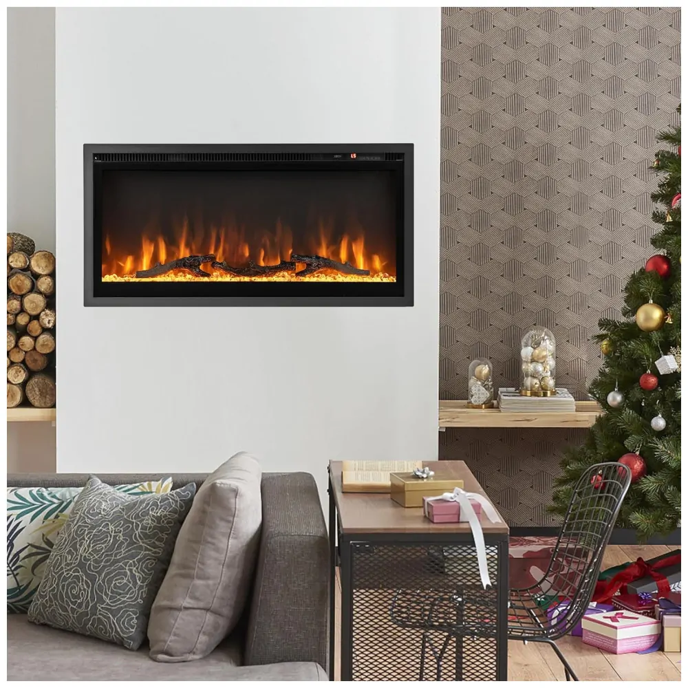 Lareira Elétrica de Embutir A45x91L cm com Controle Remoto, Cor e Brilho da Chama Ajustáveis, 110V 1500W, Tangkula, Preta