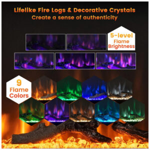 Lareira Elétrica de Embutir A45x91L cm com Controle Remoto, Cor e Brilho da Chama Ajustáveis, 110V 1500W, Tangkula, Preta