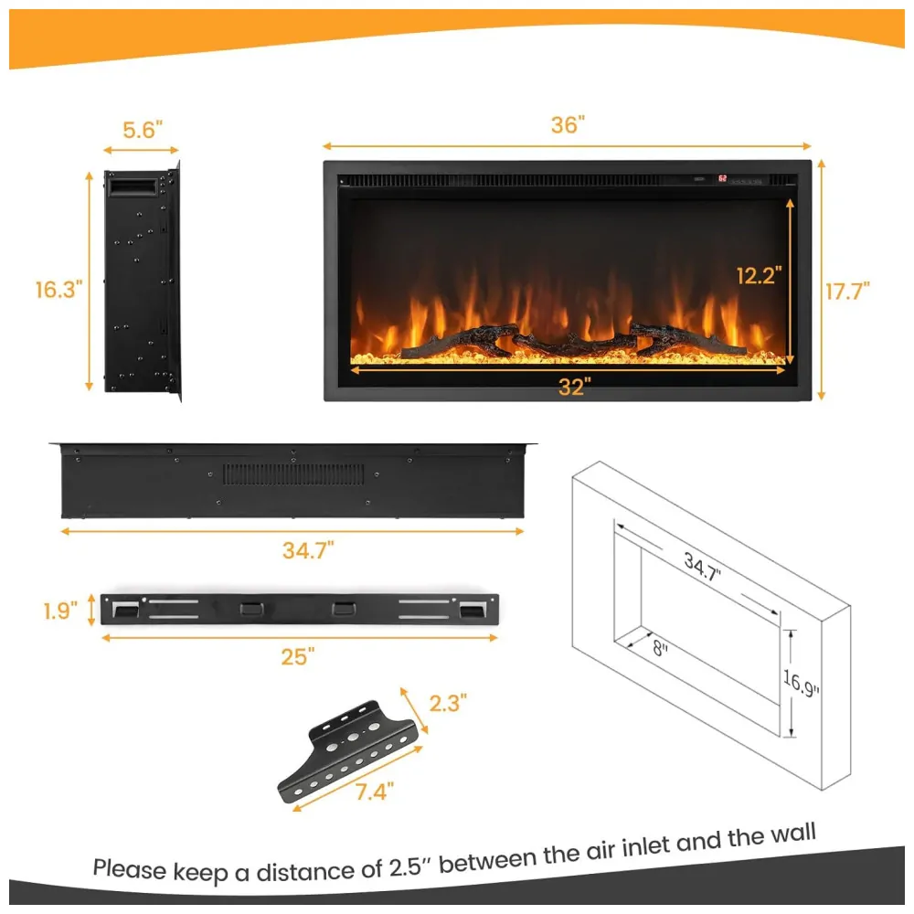 Lareira Elétrica de Embutir A45x91L cm com Controle Remoto, Cor e Brilho da Chama Ajustáveis, 110V 1500W, Tangkula, Preta