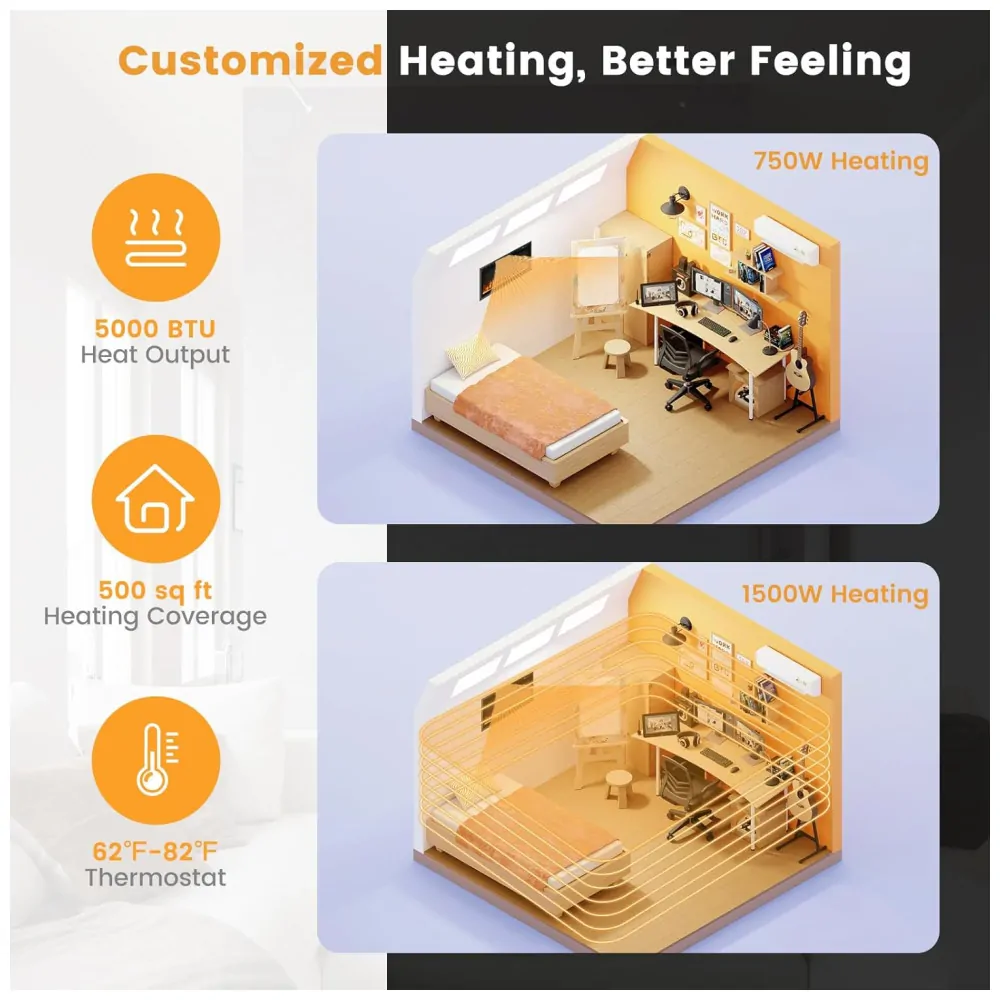 Lareira Elétrica de Embutir A45x91L cm com Controle Remoto, Cor e Brilho da Chama Ajustáveis, 110V 1500W, Tangkula, Preta