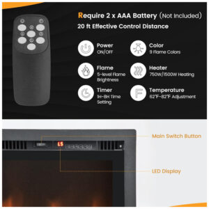 Lareira Elétrica de Embutir A45x91L cm com Controle Remoto, Cor e Brilho da Chama Ajustáveis, 110V 1500W, Tangkula, Preta