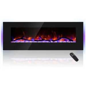 ectqldzxztw90b_0 jpg - Lareira Elétrica de Embutir A45x127L com Controle Remoto, Luz LED e Chama Ajustável com Conexão USB e AUX, 110v, CHEERWAY, Preto