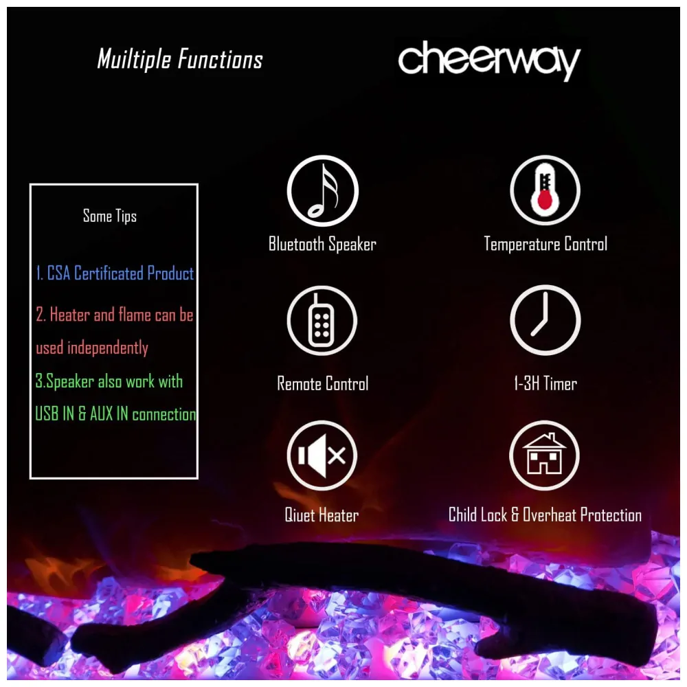 ectqldzxztw90b_3 jpg - Lareira Elétrica de Embutir A45x127L com Controle Remoto, Luz LED e Chama Ajustável com Conexão USB e AUX, 110v, CHEERWAY, Preto