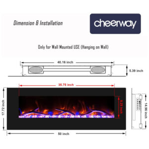 ectqldzxztw90b_6 jpg - Lareira Elétrica de Embutir A45x127L com Controle Remoto, Luz LED e Chama Ajustável com Conexão USB e AUX, 110v, CHEERWAY, Preto
