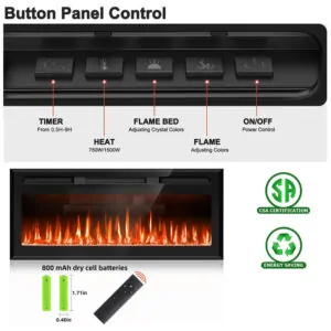 ectqlttft1cb0b_1 jpg - Lareira Elétrica de Embutir Espelhada A44x152L cm com Controle Remoto, Chamas Multicoloridas e Temporizador, 110V 1500W, Upesitom, Preta