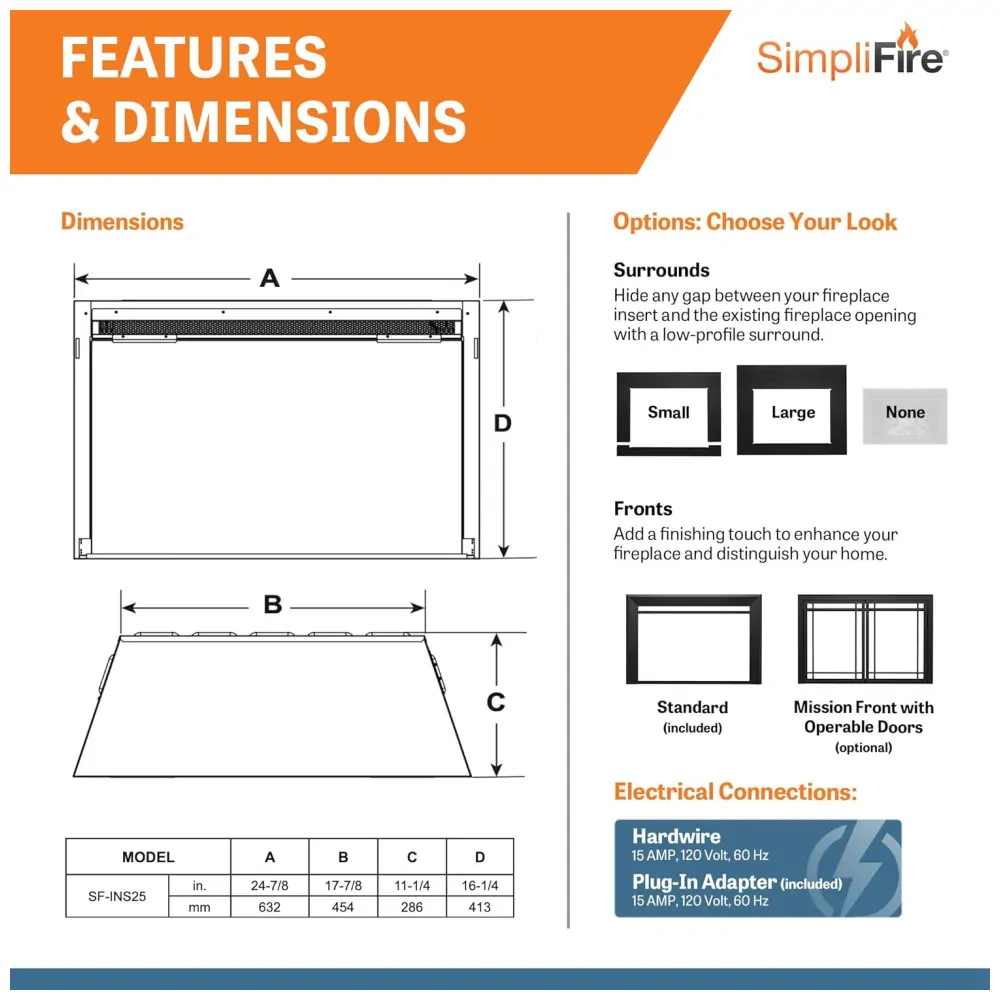 Lareira Elétrica de Embutir A41x63L cm com 4 Níveis de Intensidade de Chama, 110V 5100BTU, SIMPLIFIRE, Preta