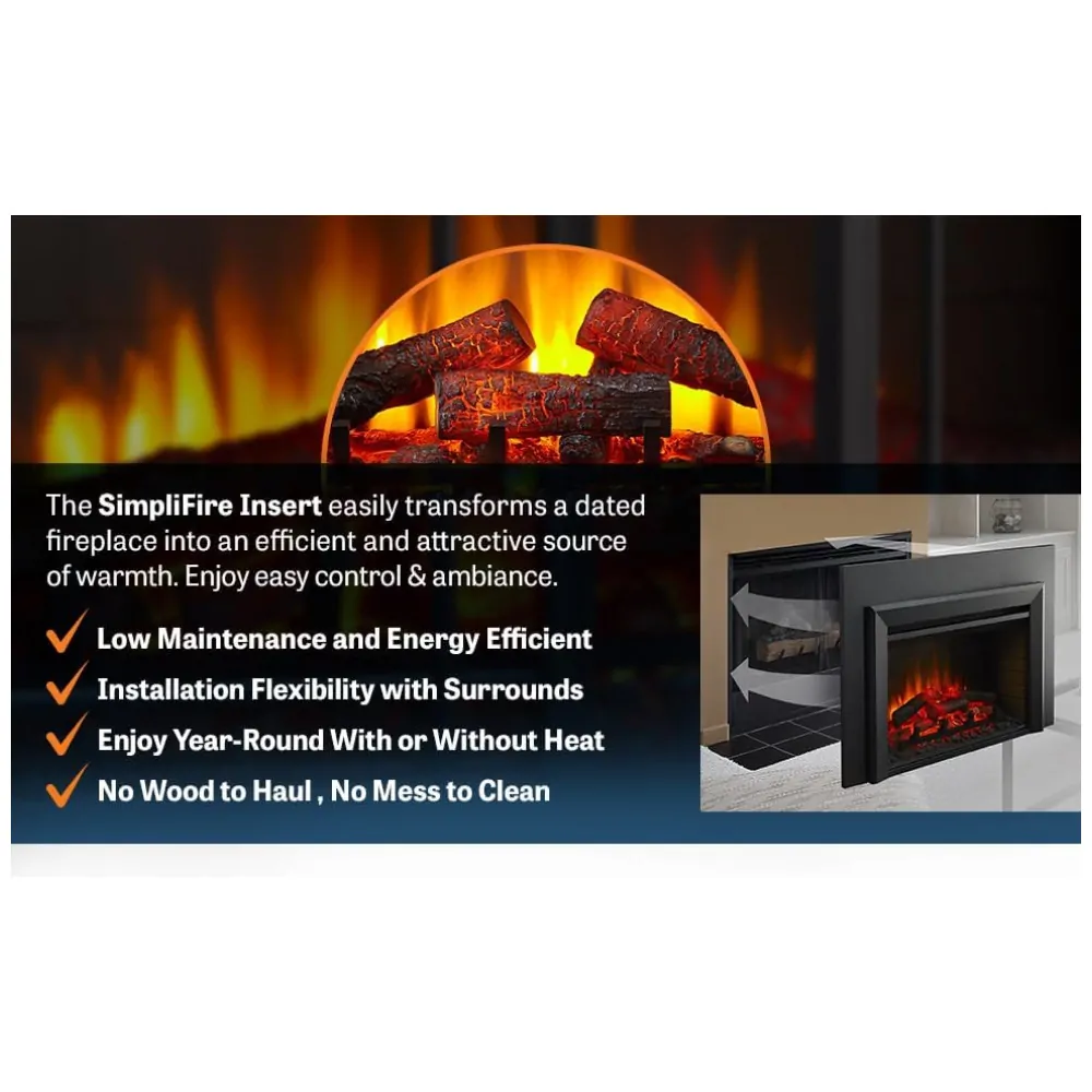 Lareira Elétrica de Embutir A41x63L cm com 4 Níveis de Intensidade de Chama, 110V 5100BTU, SIMPLIFIRE, Preta
