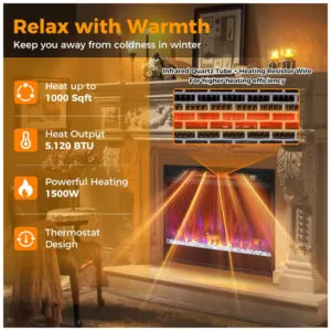 ectqncsy88fc0b_4 jpg - Lareira Elétrica de Embutir A45x63L cm com 6 Cores de Chama, 5 Opções de Brilho, Temporizador de 8H, Proteção Contra Superaquecimento e Controle Remoto, 110V 1500W, COSTWAY, Preta