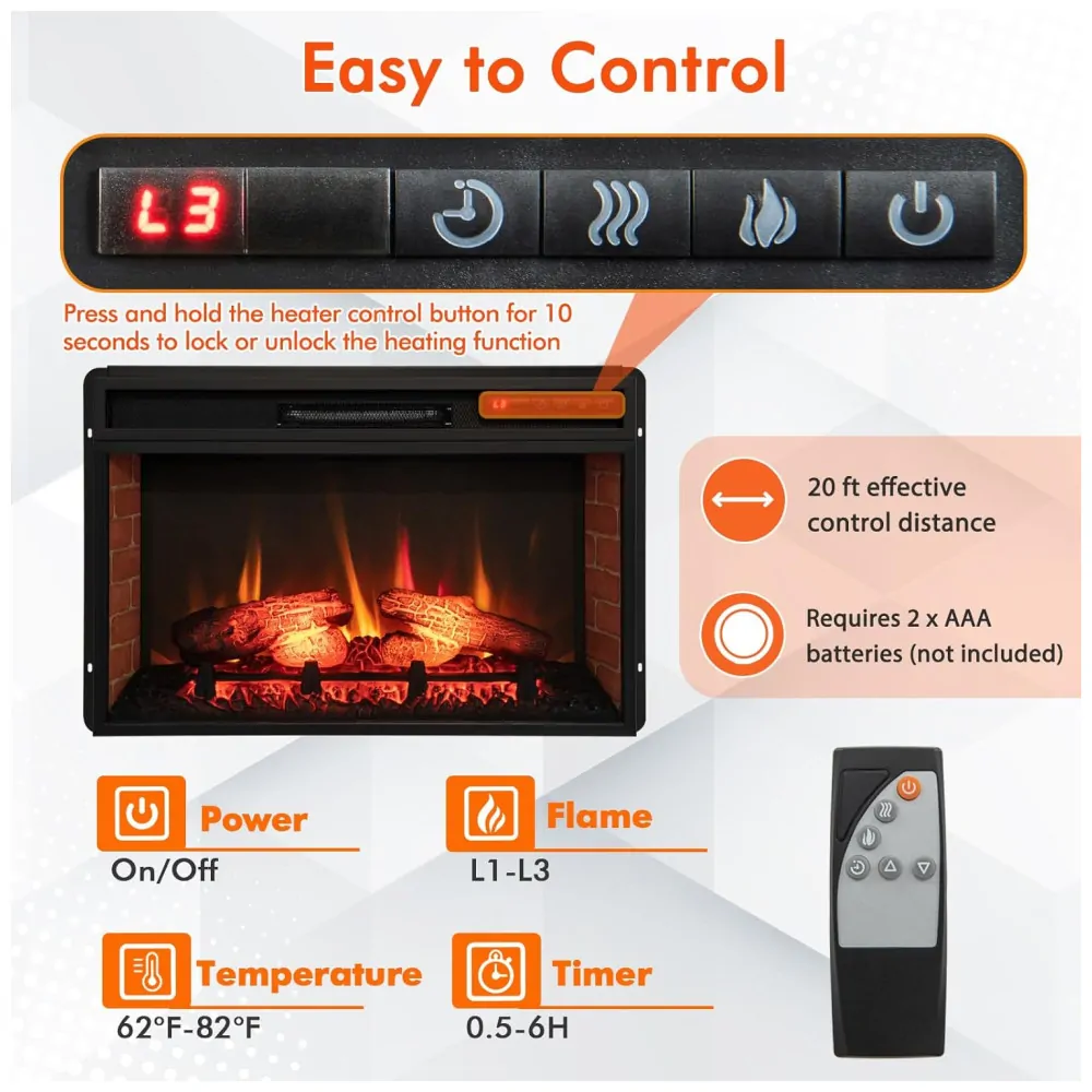 ectqnfdbbbrb0b_3 jpg - Lareira Elétrica de Embutir A44x68L com Controle Remoto e Proteção contra Superaquecimento, 110V 1500W, Tangkula, Preta