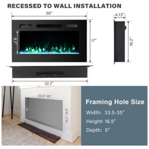 ectqnfhcqyj80b_2 jpg - Lareira Elétrica de Embutir A41x81L com Controle Remoto e 9 Cores de LED, 1500W, 110v, OUTDOOR DIAMOND 36 Inch Electric Fireplace Inserts, Preto