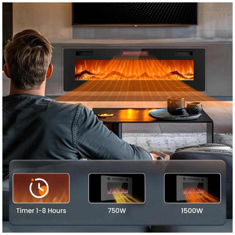ectqnwgpyc280b_1 jpg - Lareira Elétrica Joy Pebble de 152 cm, Embutida ou de Parede, com Aquecedor 750 1500W, LED Touch, Controle Remoto, Timer, Chamas Ajustáveis em Cor