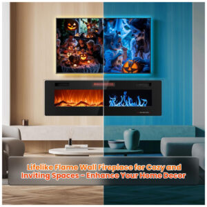 ectqnwgpyc280b_2 jpg - Lareira Elétrica Joy Pebble de 152 cm, Embutida ou de Parede, com Aquecedor 750 1500W, LED Touch, Controle Remoto, Timer, Chamas Ajustáveis em Cor