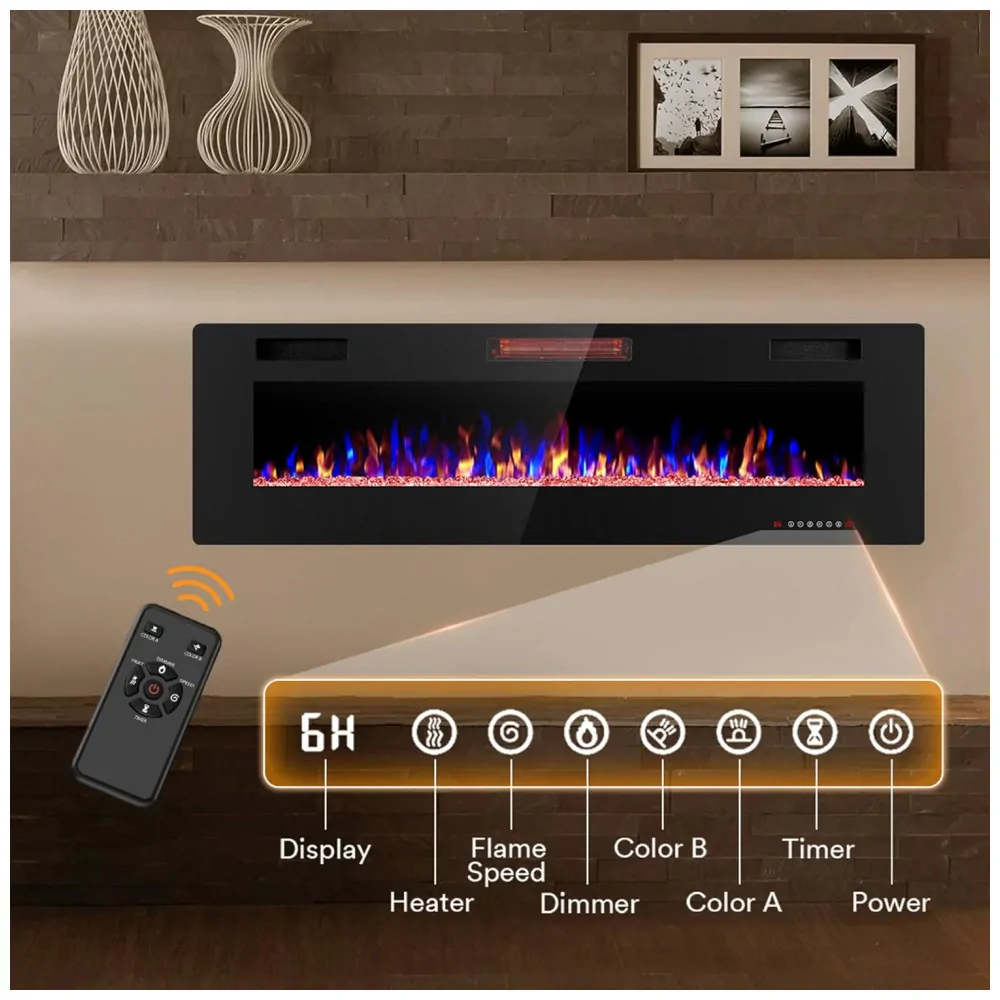 ectqnwgpyc280b_3 jpg - Lareira Elétrica Joy Pebble de 152 cm, Embutida ou de Parede, com Aquecedor 750 1500W, LED Touch, Controle Remoto, Timer, Chamas Ajustáveis em Cor