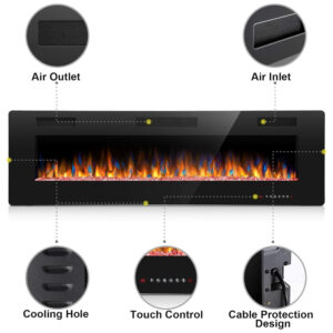 ectqnwgpyc280b_4 jpg - Lareira Elétrica Joy Pebble de 152 cm, Embutida ou de Parede, com Aquecedor 750 1500W, LED Touch, Controle Remoto, Timer, Chamas Ajustáveis em Cor