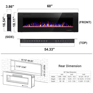 ectqnwgpyc280b_5 jpg - Lareira Elétrica Joy Pebble de 152 cm, Embutida ou de Parede, com Aquecedor 750 1500W, LED Touch, Controle Remoto, Timer, Chamas Ajustáveis em Cor
