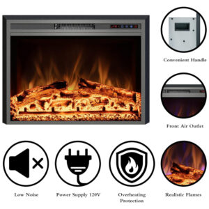 Lareira Elétrica de Embutir A63x77L cm com Controle Remoto, 3 Cores de Chama, Temporizador e Proteção Contra Superaquecimento, 110V 1500W, Kentsky, Preta