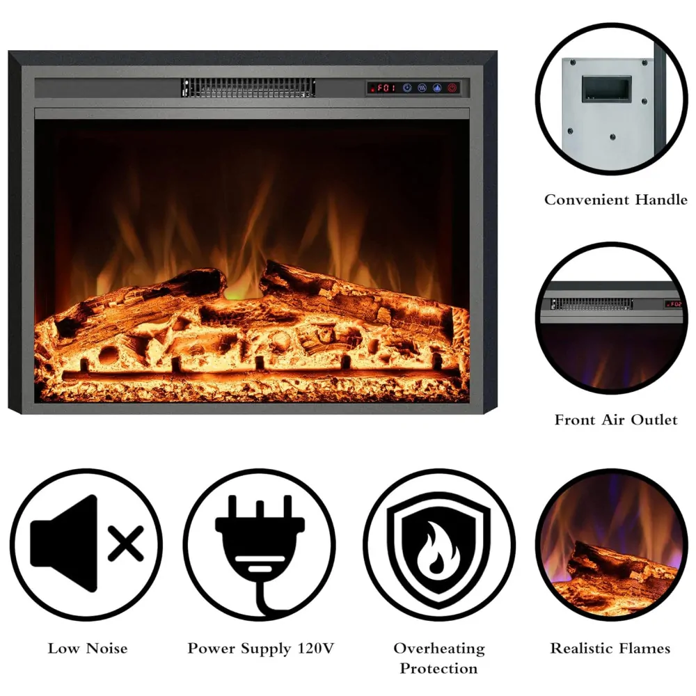 Lareira Elétrica de Embutir A63x77L cm com Controle Remoto, 3 Cores de Chama, Temporizador e Proteção Contra Superaquecimento, 110V 1500W, Kentsky, Preta