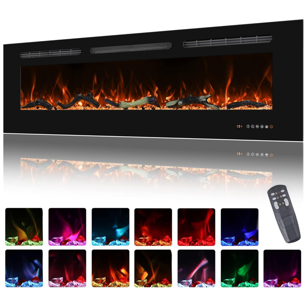 Lareira Elétrica de Embutir A44x127L com Temporizador e Chamas Realista, 110V 1500W, Oxhark, Preta