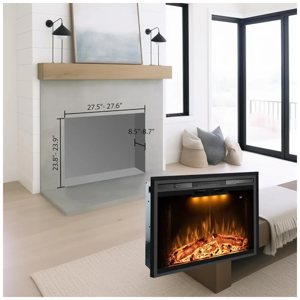 Lareira Elétrica de Embutir A62x76L com Porta de Vidro, Tela de Malha, Chamas Multicoloridas e Sons de Crepitação de Fogo, 110V 1500W, Benrocks, Preta
