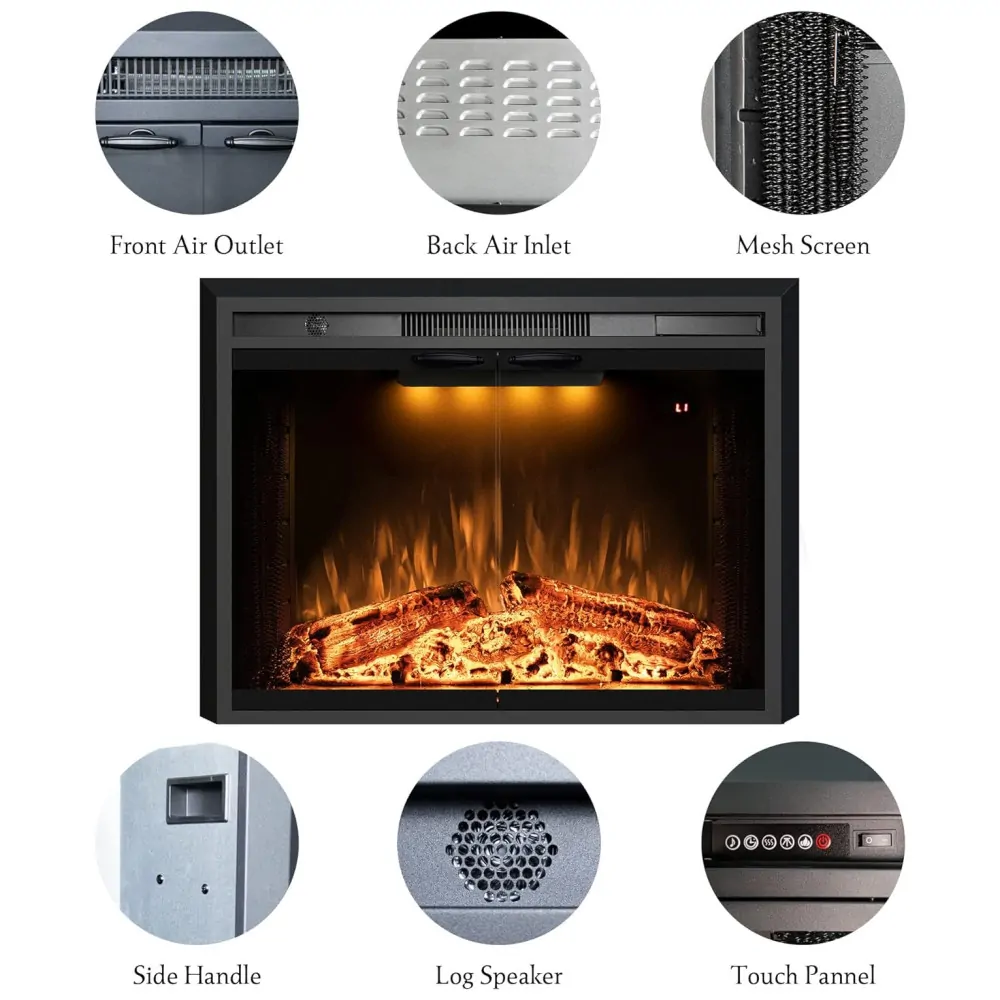 Lareira Elétrica de Embutir A62x76L com Porta de Vidro, Tela de Malha, Chamas Multicoloridas e Sons de Crepitação de Fogo, 110V 1500W, Benrocks, Preta