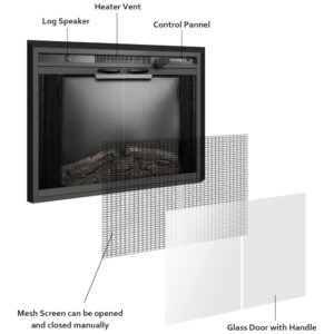 Lareira Elétrica de Embutir A62x76L com Porta de Vidro, Tela de Malha, Chamas Multicoloridas e Sons de Crepitação de Fogo, 110V 1500W, Benrocks, Preta