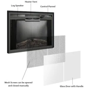 Lareira Elétrica de Embutir A62x76L com Porta de Vidro, Tela de Malha, Chamas Multicoloridas e Sons de Crepitação de Fogo, 110V 1500W, Benrocks, Preta