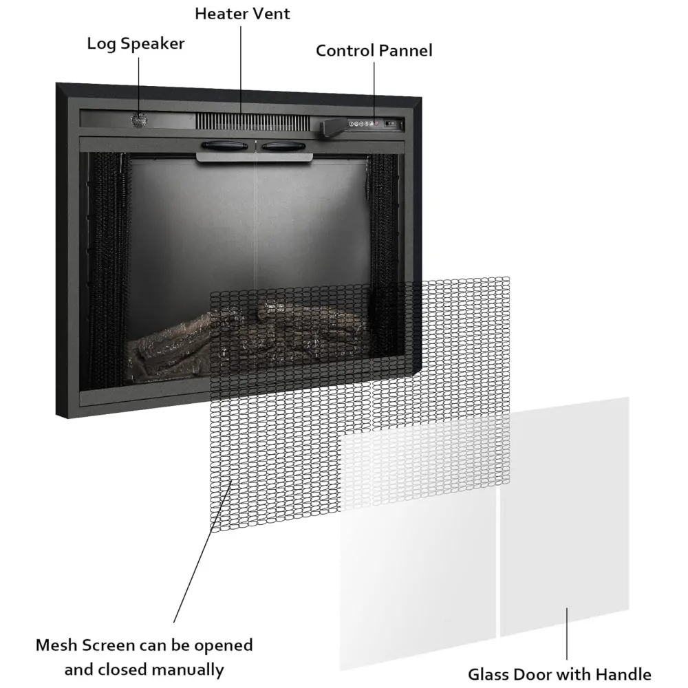 Lareira Elétrica de Embutir A62x76L com Porta de Vidro, Tela de Malha, Chamas Multicoloridas e Sons de Crepitação de Fogo, 110V 1500W, Benrocks, Preta