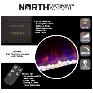 Lareira Elétrica de Embutir A45x91L, com Controle Remoto Calor e Brilho Ajustáveis em Luz de LED, 110v, NORTHWEST 80 2000A 36, Preto