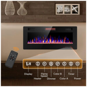 ectqqh7kz2180b_4 jpg - Lareira Elétrica Joy Pebble de 107 cm, Embutida ou de Parede, com Aquecedor 750 1500W, LED Touch, Controle Remoto, Timer, Chamas Ajustáveis em Cor