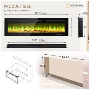 ectqr2ytj1cb0b_4 jpg - Lareira Elétrica oneinmil de 152 cm, Embutida ou de Parede, 750W 1500W, 12 Cores de Chama, Controle Remoto, Troncos e Cristais Inclusos