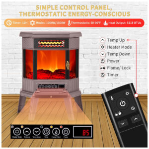 Lareira Elétrica Portátil Autônoma com Efeito de Chamas 3D, Controle Remoto e Temporizador, 110V 1500W, RealSmart, Marrom