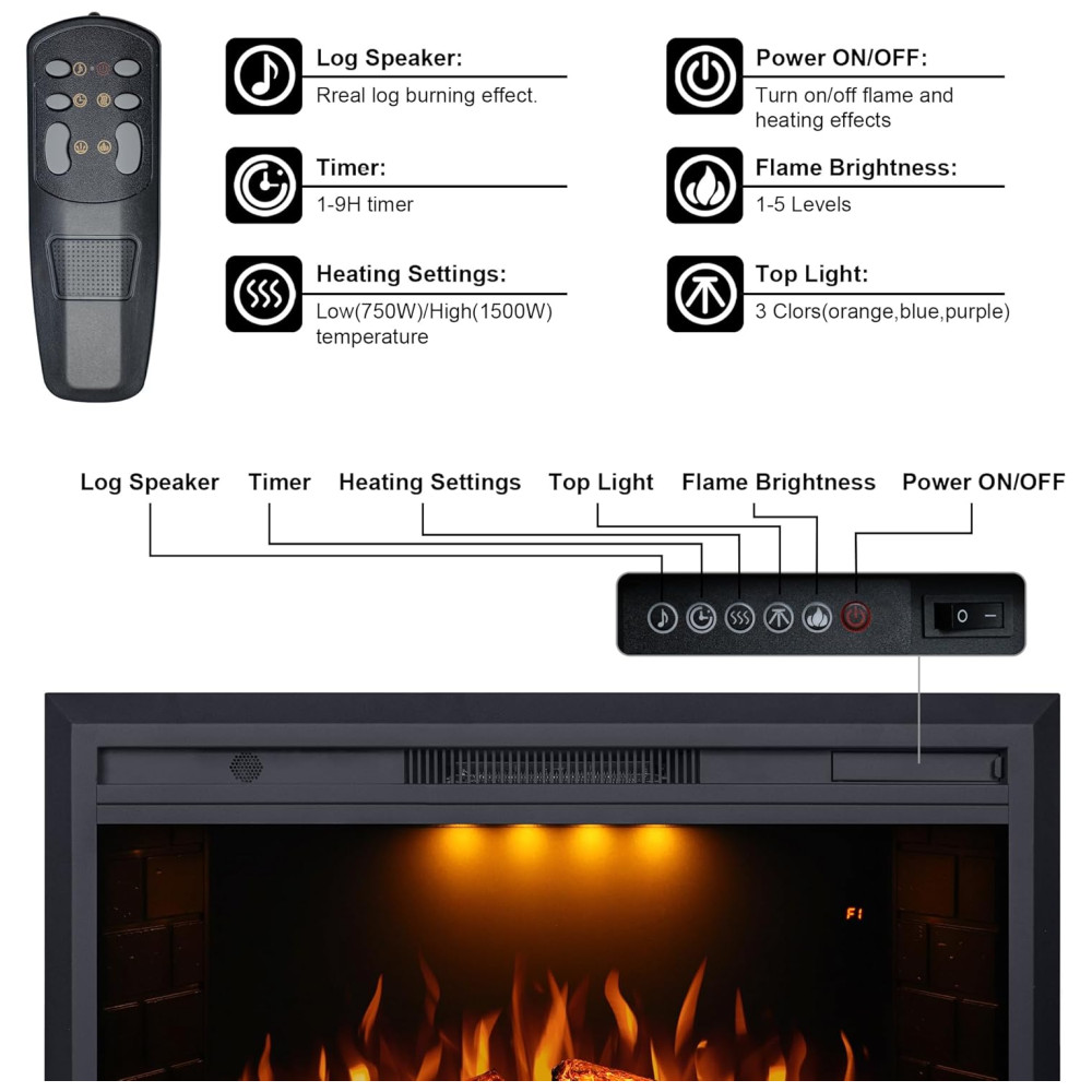 Lareira Elétrica Valuxhome 102x70cm 1500W Insert Embutir Sons Crackling 110V