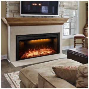 Lareira Elétrica de Embutir A69x109L cm com Controle Remoto, Tronco Realista, Som Crepitante, Proteção Contra Superaquecimento e Temporizador, 110V 1500W, Dreamflame EF40T, Preta