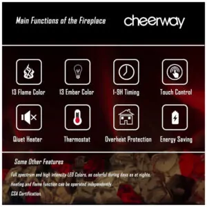 Lareira Elétrica Cheerway 107x45cm 1500W 13 Cores Chamas Touch WiFi Embutir 110V