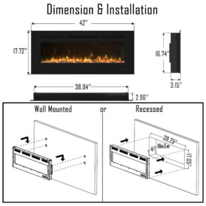ectqsd5zyz290b_4 jpg - Lareira Elétrica de Embutir A45x106L com Controle Remoto e Digital, Luz LED, Chamas Multicolorida e Temporizador, 1500W, 110v, CHEERWAY EF42R, Preto