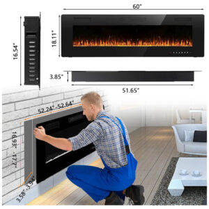 ectqsqtmvzk80b_5 jpg - Lareira Elétrica de Embutir A45x152L com Controle Remoto e Digital, Luz LED, Chama Ajustável e Temporizador, 1500W, 110v, BOSSIN 60 inch Electric Fireplace, Preto