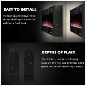 ectqsqtmvzk80b_7 jpg - Lareira Elétrica de Embutir A45x152L com Controle Remoto e Digital, Luz LED, Chama Ajustável e Temporizador, 1500W, 110v, BOSSIN 60 inch Electric Fireplace, Preto