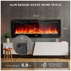 Lareira Elétrica de Embutir A45x127L com Controle Remoto e APP para Celular, 110V 1500W, TURBRO, Preta