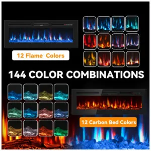 Lareira Elétrica Tehanld 127x43cm 1500W Chamas LED 12 Cores Embutir 110V