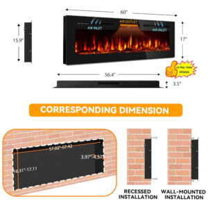 ectqt4pqhqpd0b_5 jpg - Lareira Elétrica de 152 cm, Embutida ou de Parede, Ultrafina, Aquecedor Linear 750 1500W com Chama Realista, Alta Temperatura, Baixo Ruído,Tehanld