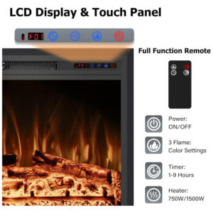 Lareira Elétrica de Embutir A69x90L cm com Cores de Chama Ajustáveis, Temporizador, Controle Remoto e Digital, 110V 1500W, RODALFLAME, Preta