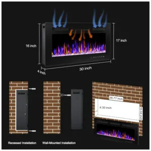 Lareira Elétrica Betelnut 76x43cm 1500W Chamas 12 Cores LED Embutir 110V