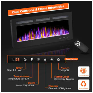 Lareira Elétrica de Embutir A43x91L com Controle Remoto e Digital com Chamas Multicolorida, 1500W, 110v, BETELNUT, Preto