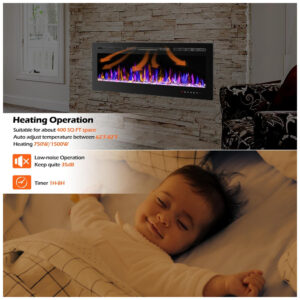 Lareira Elétrica de Embutir A43x91L com Controle Remoto e Digital com Chamas Multicolorida, 1500W, 110v, BETELNUT, Preto