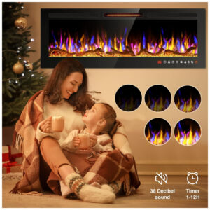 ectqtwnw4z9c0b_2 jpg - Lareira Elétrica de Embutir A46x152L cm com Controle Remoto, 13 Cores de Chama Ajustáveis e 5 Brilhos, 110V 1500W, Alpaca, Preta